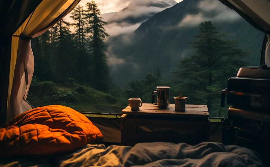 Morning coffee on a table inside a tent, looking out at misty mountains